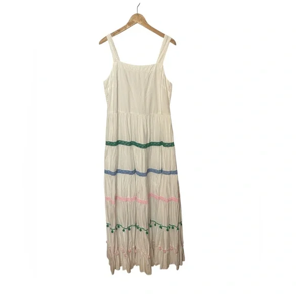 NWT Crown & Ivy White Tiered Maxi Dress with Colorful Pom Pom Trim - Size Large - Picture 3 of 10
